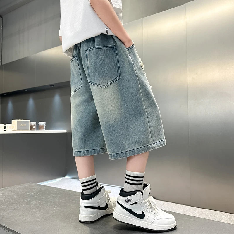 Boy Star  Jeans 2025 Summer New Product Fashion Boys Denim Mid-Pants Children's Casual Cropped Pants 5-15 Years Old