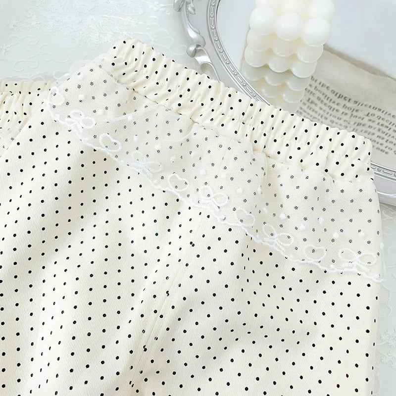 Girls' Pants Spring and Autumn Straight-Leg Pants Fashionable Beige Polka Dot Wide Leg Pants Cotton Lace Side Long Pants
