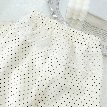 Girls' Pants Spring and Autumn Straight-Leg Pants Fashionable Beige Polka Dot Wide Leg Pants Cotton Lace Side Long Pants