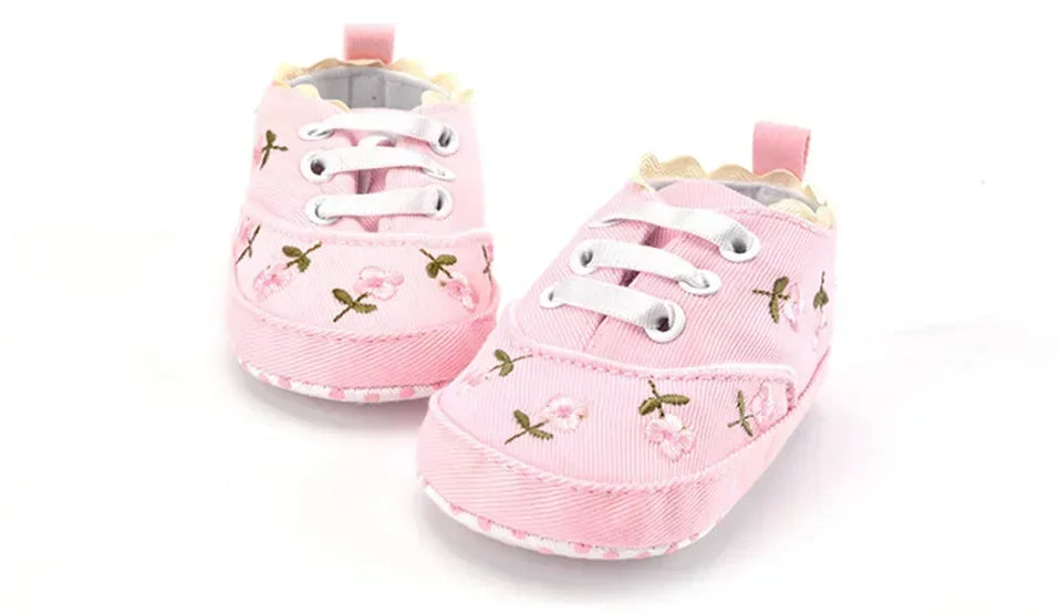 Baby Girls Shoes White Pink Floral Embroidered Soft Soles Shoes Prewalker Walking Toddler Casual Kids Shoes For Dropshipping