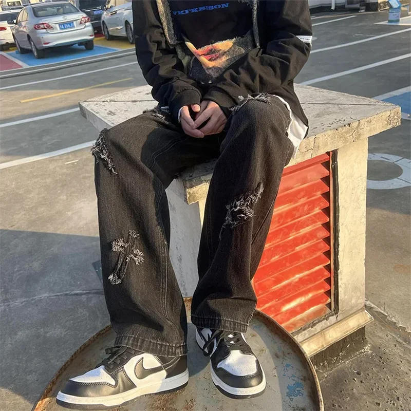 Men Straight Leg Denim Jeans Male New Fashion Casual Loose High Street Y2k Pants New Wide Leg Hip Hop Black Blue Pants