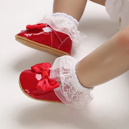 Baby Girls Shoes Classic Bowknot Rubber Sole Anti-slip PU Girls Dress Shoes First Walker Toddler Crib Baby Shoes