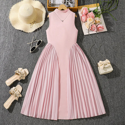 Summer New Teen Girls Dress Solid Color Patchwork Sleeveless A-Line Dress For 8-12 Years Girls Daily Casual Elegant Dance Dress
