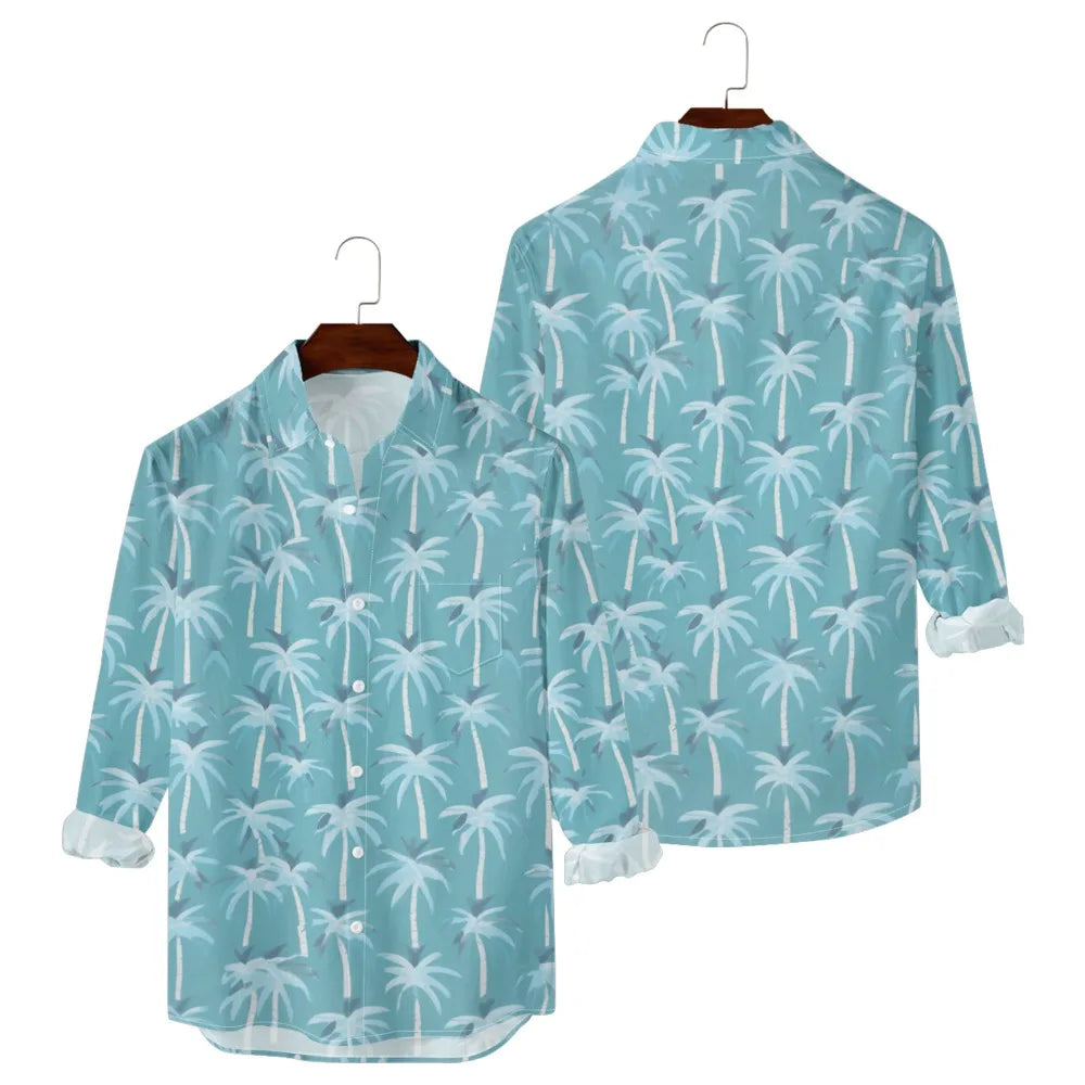 Hawaiian Men Shirts Sunset Oasis Palms Print Full Sleeve Streetwear Button Up Casual Beach to Bar Parties Poolside Shirt Pocket