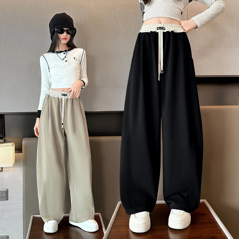 Girls Wide Leg Drawstring Pants Kids Fashion Loose Pants Children Straight Sweatpants High Waisted Spring Autumn Casual Trousers