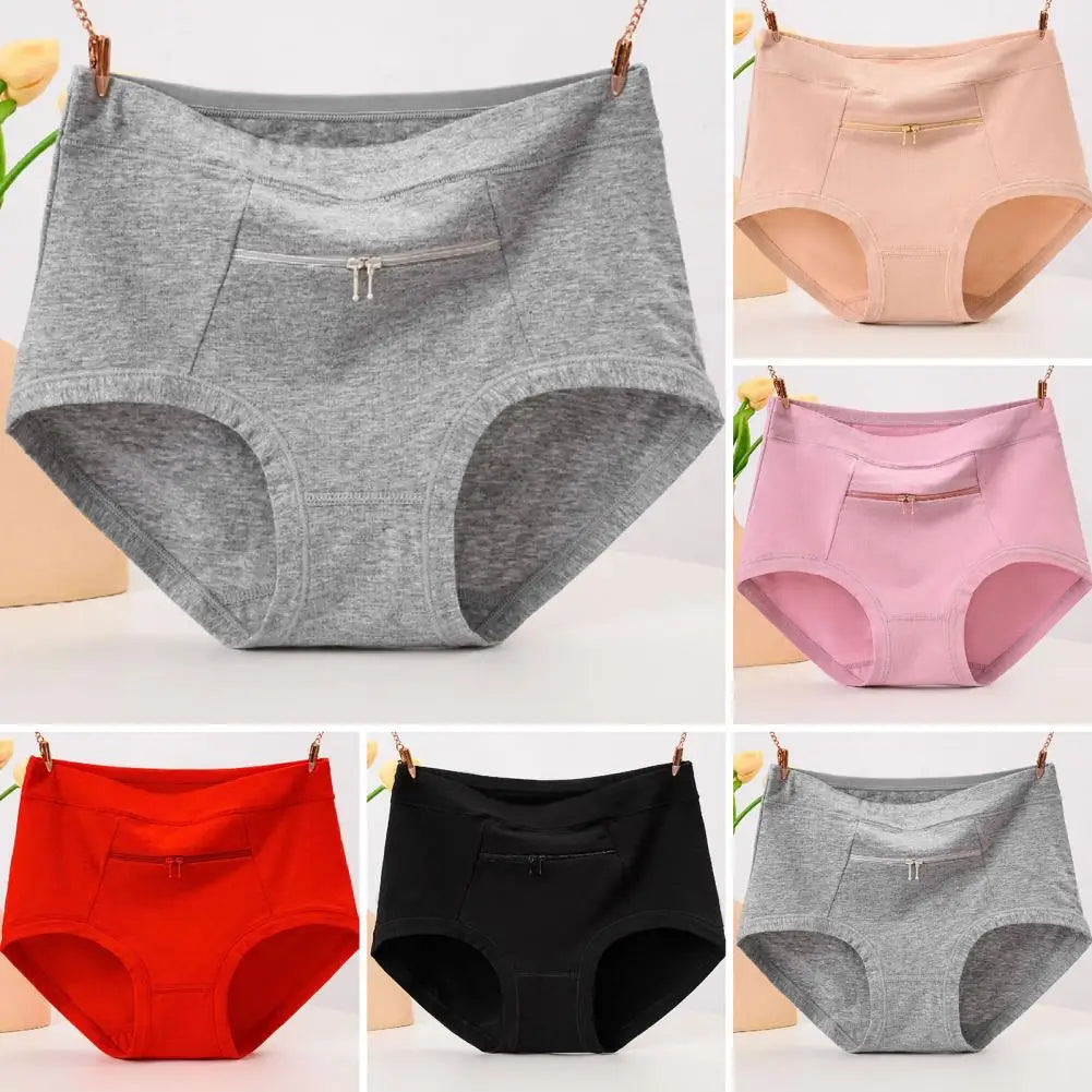 Women Underwear with Cash Pocket High Waist Breathable Cotton Underwear with Anti-theft Zipper Pocket for Women Middle-aged