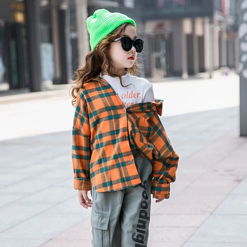 Girls Plaid Shirt 2026 Autumn Girls Clothes Teenage School Shirts for Girls Blouse Casual Children Tops 12 13 14 Kids Clothes