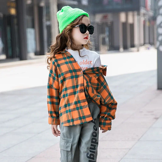 Girls Plaid Shirt 2026 Autumn Girls Clothes Teenage School Shirts for Girls Blouse Casual Children Tops 12 13 14 Kids Clothes