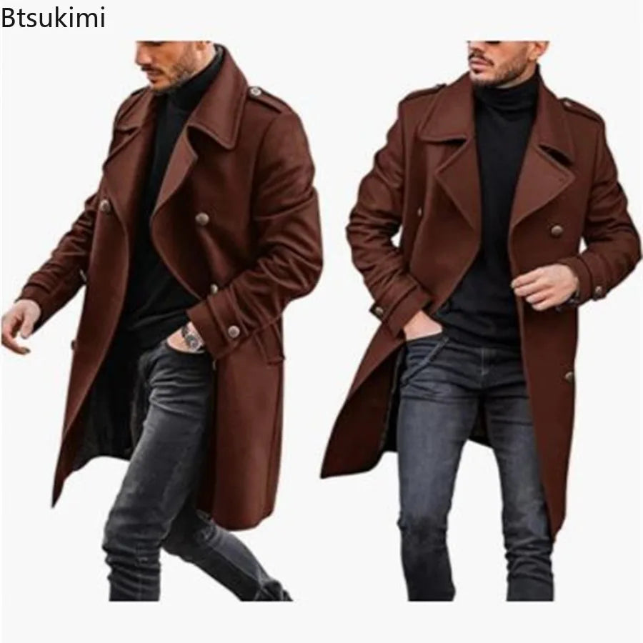 New Men's Woolen Coats Fashion Double-breasted Lapel Mid-length Jacket Solid Thicken Warm Overcoat Autumn Winter Men Trench Coat