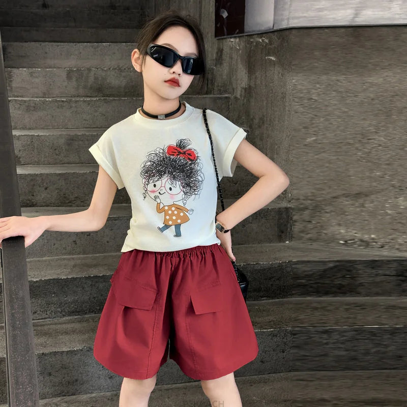 Teen Girls Summer Clothing Set Cartoon T Shirt Cargo Shorts 2PCS Suit Kids Child Fashion Streetwear Outfits 5 6 8 10 12 13 14 Y