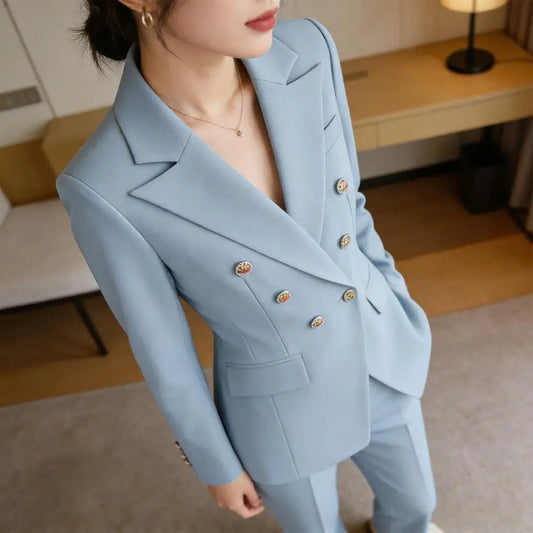 professional Women Two-Piece Suit Spring Autumn Blazer Jacket Wide Leg Pants Work Office Business Casual Outfits Pantsuit