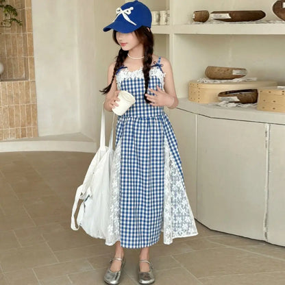 Fashion Plaid Girl Princess Dress Loose Lace Mesh Teens Sling Dress Sweet Skirt Children Sleeveless Dresses Summer