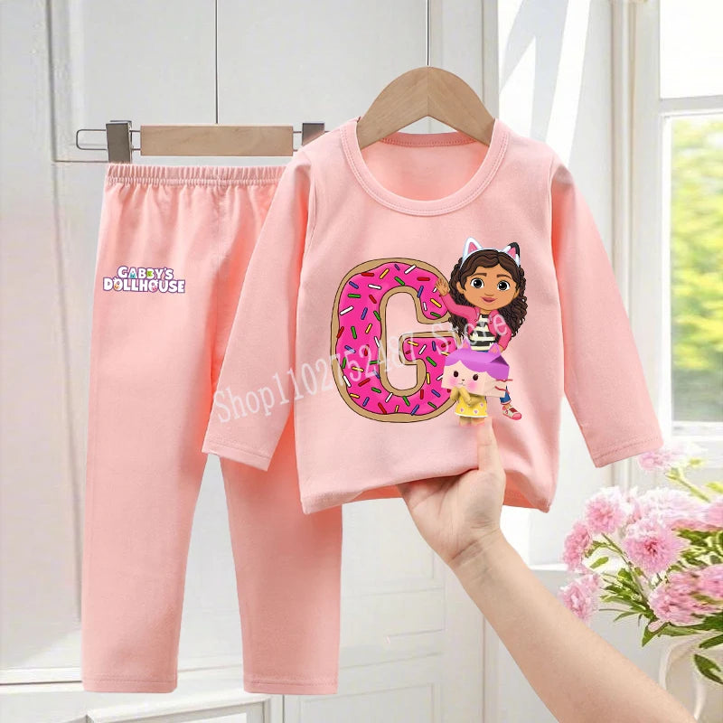 Gabby Dollhouses Pajamas Pants Set Girls Cute Letter A-Z Nightwear Trousers Kids Winter Home Clothes Children Long Sleeves Gift
