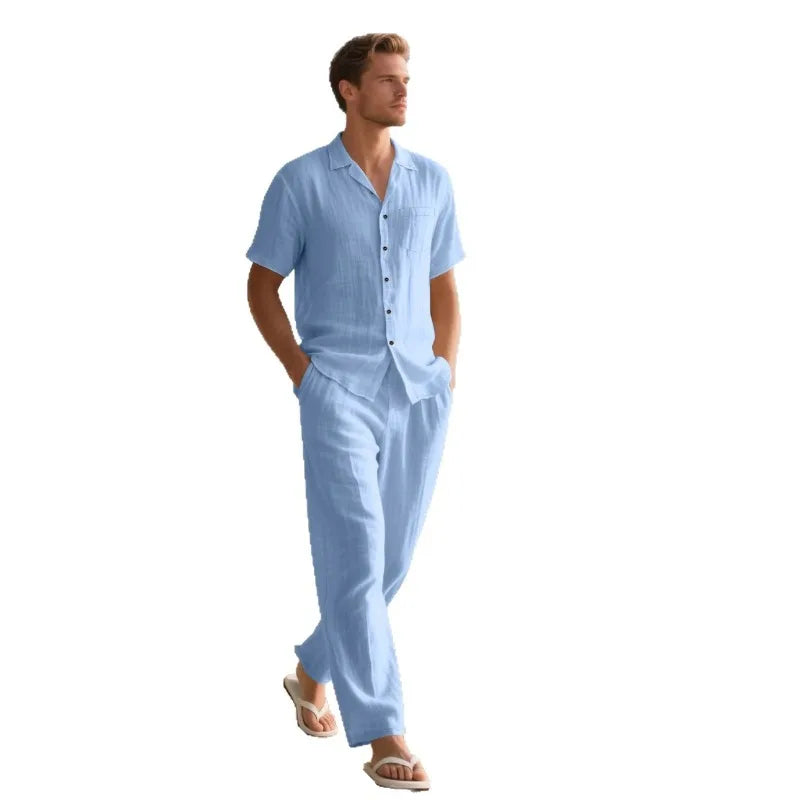 Men's Holiday Suits Summer Short Sleeve Shirts Pant Breathable Linen Beach Casual American Style Shirt Sets Leisure Trip Clothes