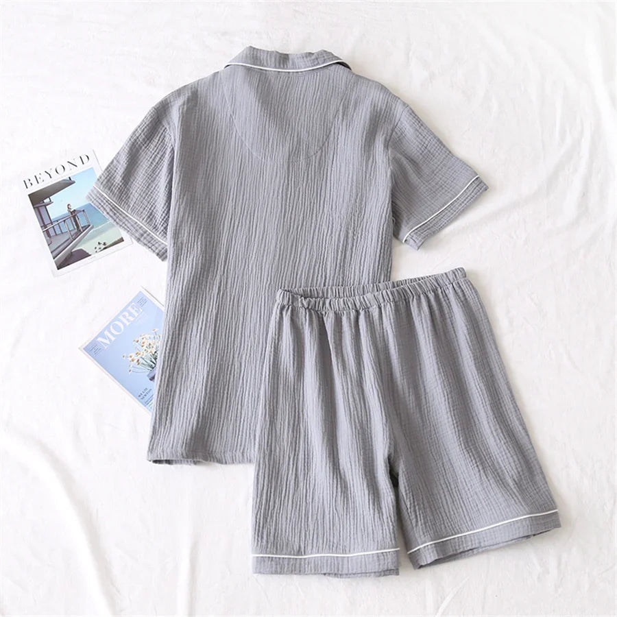 2025 New Summer Men Pajamas Suit Cotton Crepe Gauze Solid Color Simple Short-sleeved Shirt Shorts Sleepwear Men's Loungewear