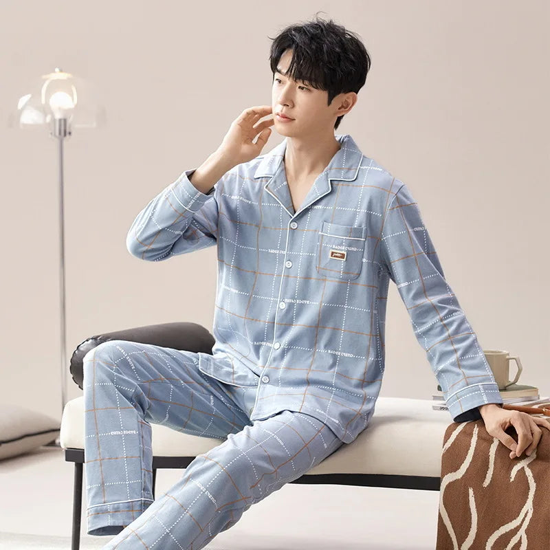 Pajamas for Men Spring Autumn Long Sleeve Lapel Button-up Cardigan Trousers Two-pieces Loose Casual Home Clothes Men Pajama Sets
