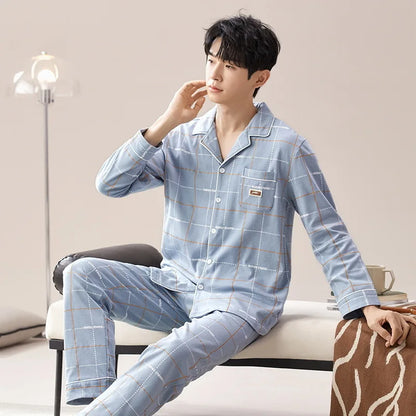 Pajamas for Men Spring Autumn Long Sleeve Lapel Button-up Cardigan Trousers Two-pieces Loose Casual Home Clothes Men Pajama Sets