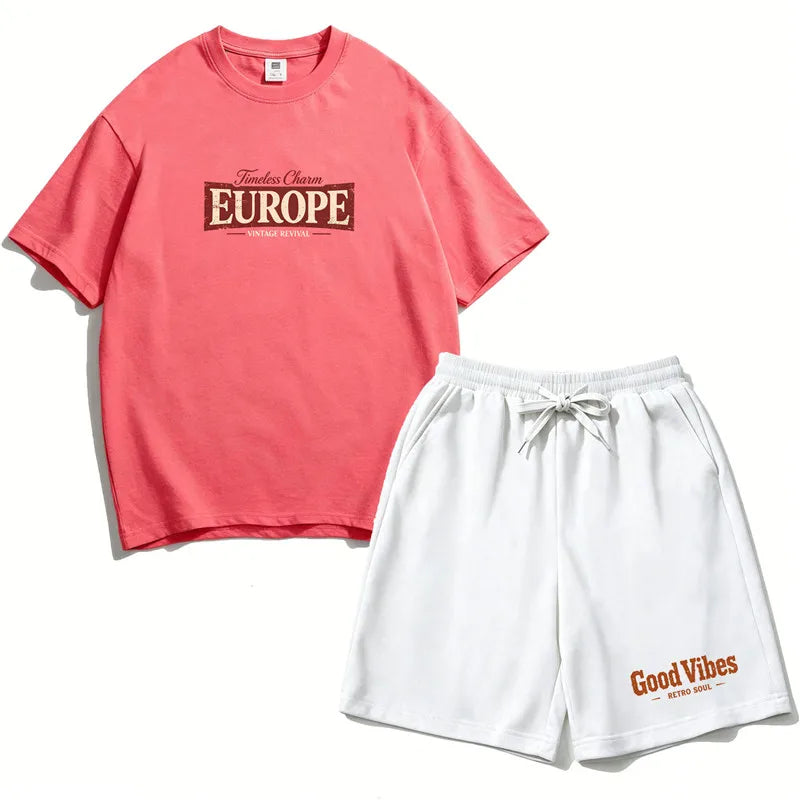 Teen Girls Clothing Set Summer Cotton Short Sleeve Top Shorts 2PCS Casual Europe Graphic Tee Distressed Print Clothes Set EU1