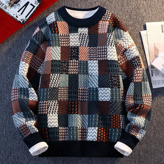 New Fashion Men Plaid Pullover Winter Sweaters Outwear Loose Casual Knitted Sweaters Male O-neck Pullovers Sweatercoats Size 4XL