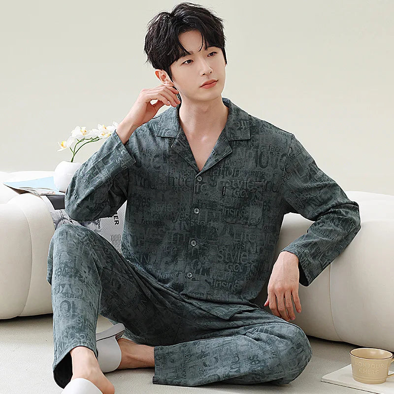 Pajamas for Men Spring Autumn Long Sleeve Lapel Button-up Cardigan Trousers Two-pieces Loose Casual Home Clothes Men Pajama Sets