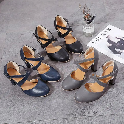 Women High Heels Shoes 2023 Autumn New Round Toe Chunky Heel Casual Platform Women's Shoes Female Belt Buckle