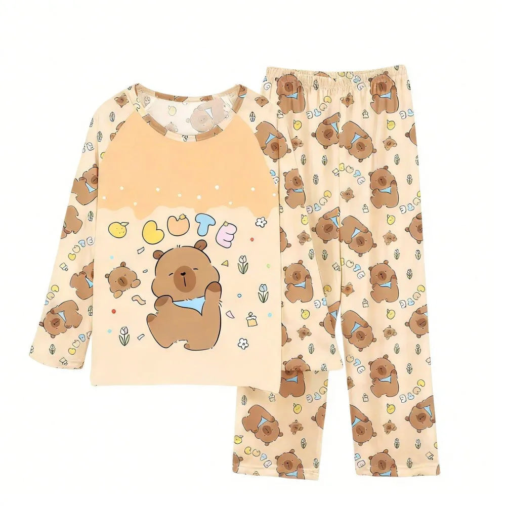 Boys Girls Pajamas Sets Kids Toddler 3 to 4 5 6 7 8 9 10 11 12 Years Capybara Pink Brown Long Sleeve Pyjamas Children's Clothing