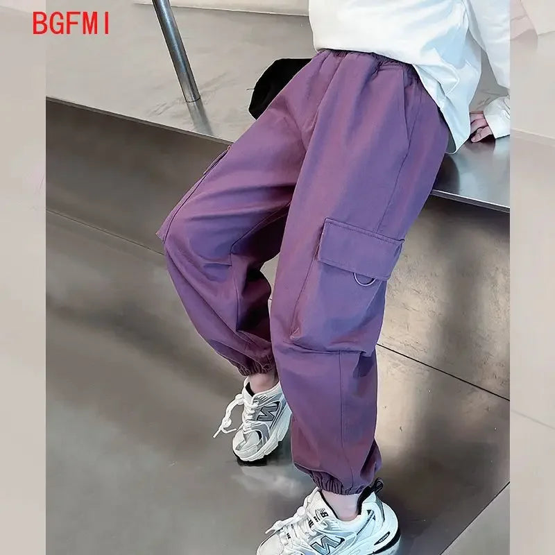 Girls Purple Casual Pants Big Children's Clothing Korean Black Cargo Long Pants Girls 2026 Spring Fashion New Cotton Trousers