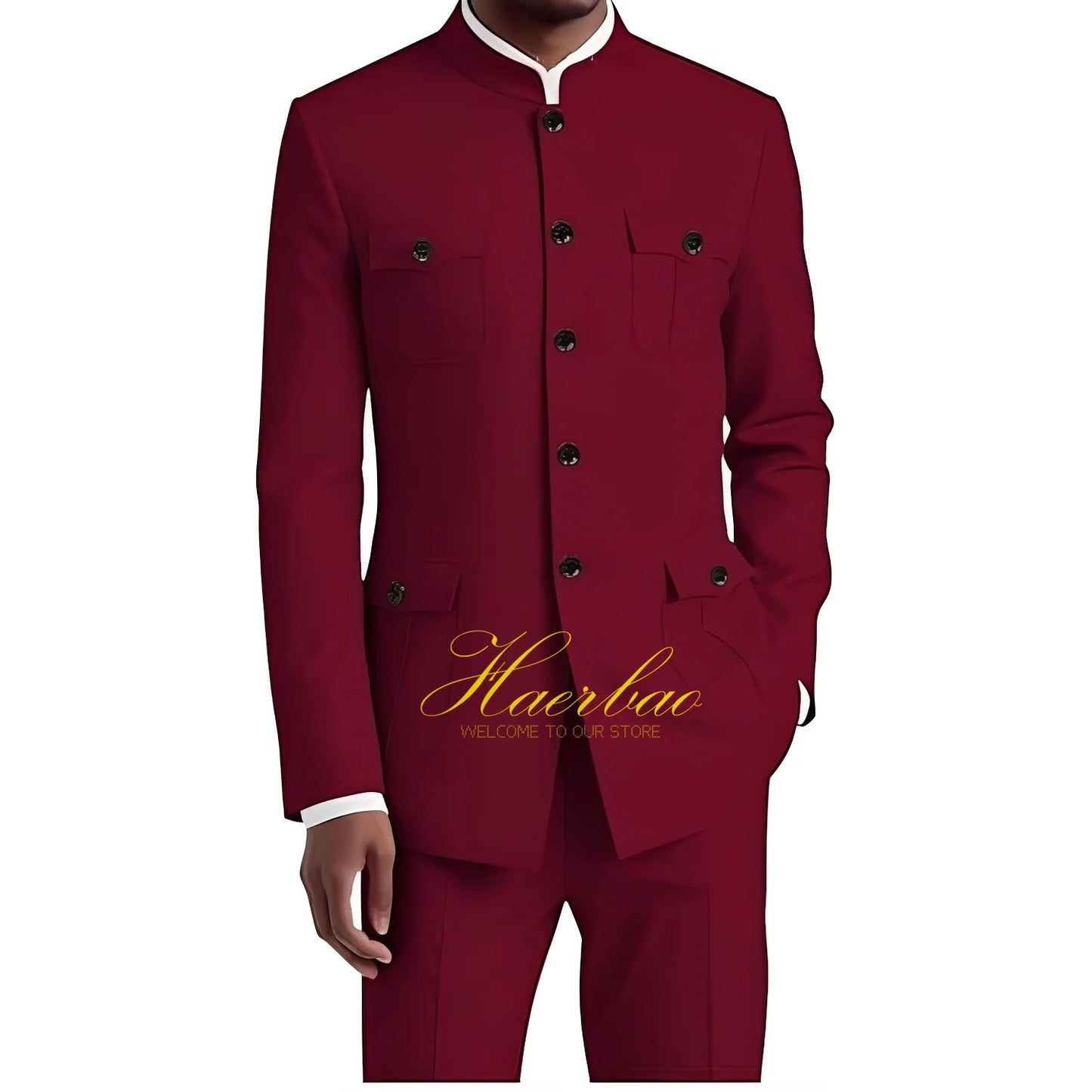 Men's Chinese Tunic Suit Formal 2 Piece Suits for Men Collar Jacket Slim Fit 4 Pocket Blazer Wedding Men Suits Tuxedo