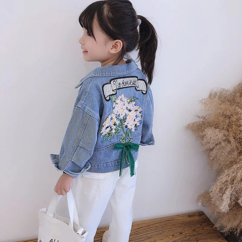 2025 Spring Autumn Girls Lovely Comfortable Retro Flowers Jeans Coats Children Personality Fashion Turn-down Collar Denim Jacket