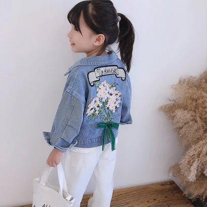 2025 Spring Autumn Girls Lovely Comfortable Retro Flowers Jeans Coats Children Personality Fashion Turn-down Collar Denim Jacket