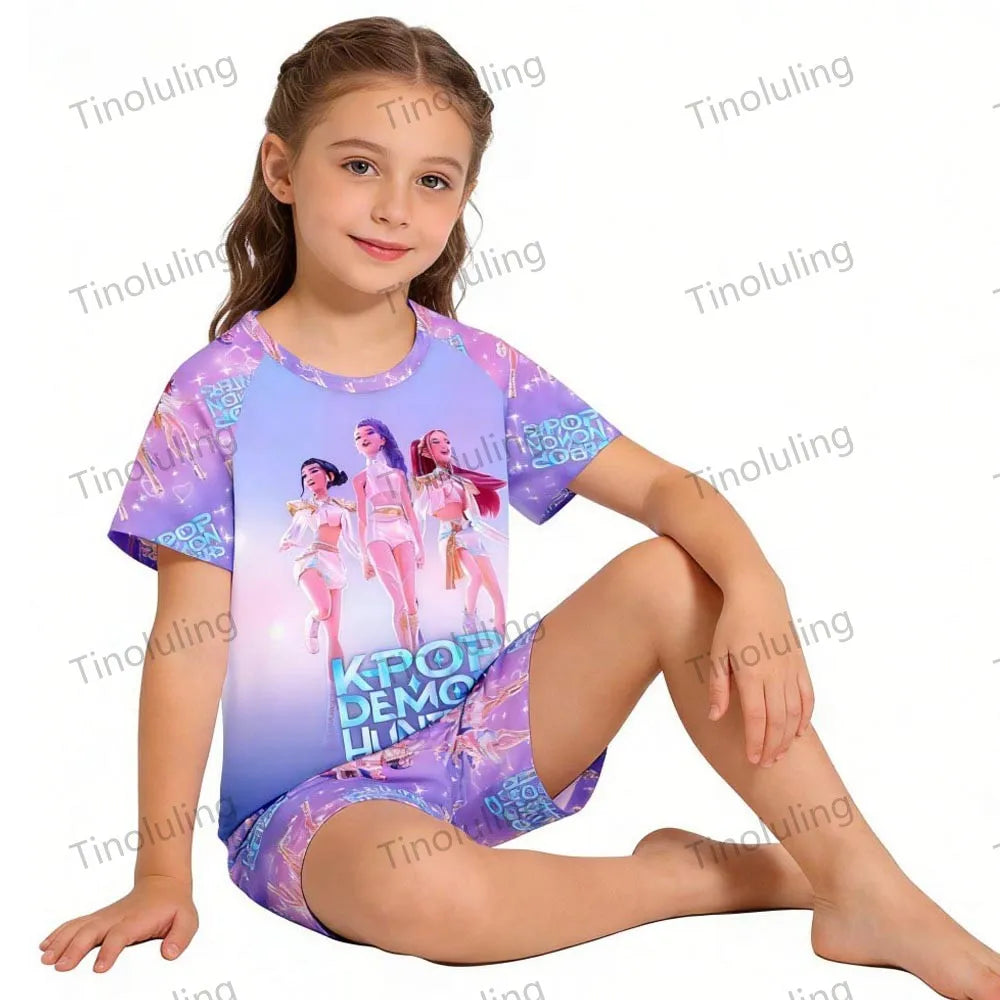 Girls Pajamas Sets Kids Toddler 3 to 8 10 11 12 Years Kpop Demon Hunters Summer Pjs Tops+Shorts Two Pieces Pijamas Sleepwear Set