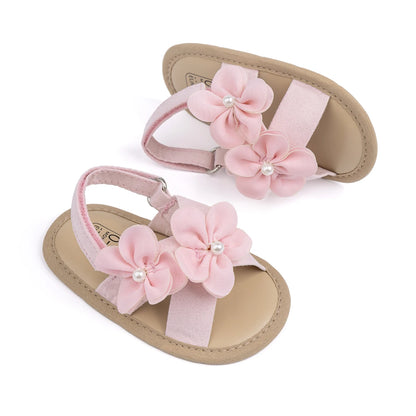 2025 New Baby Girls Shoes Flowers With Pearls Summer Cool Princess Sandals Lightweight Comfortable Soft Anti-slip Flat Sole