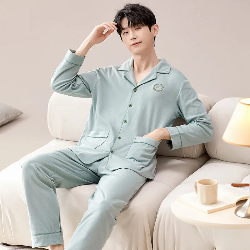 Pajamas for Men Spring Autumn Long Sleeve Lapel Button-up Cardigan Trousers Two-pieces Loose Casual Home Clothes Men Pajama Sets
