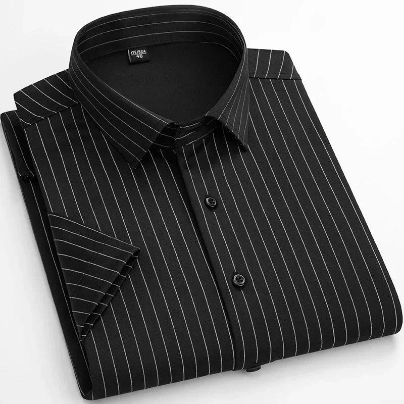 Men’s Business Short Sleeve Shirts Elegant Plain Stretch No Iron Office Formal Dress Shirt Casual Standard Male Workwear Shirt