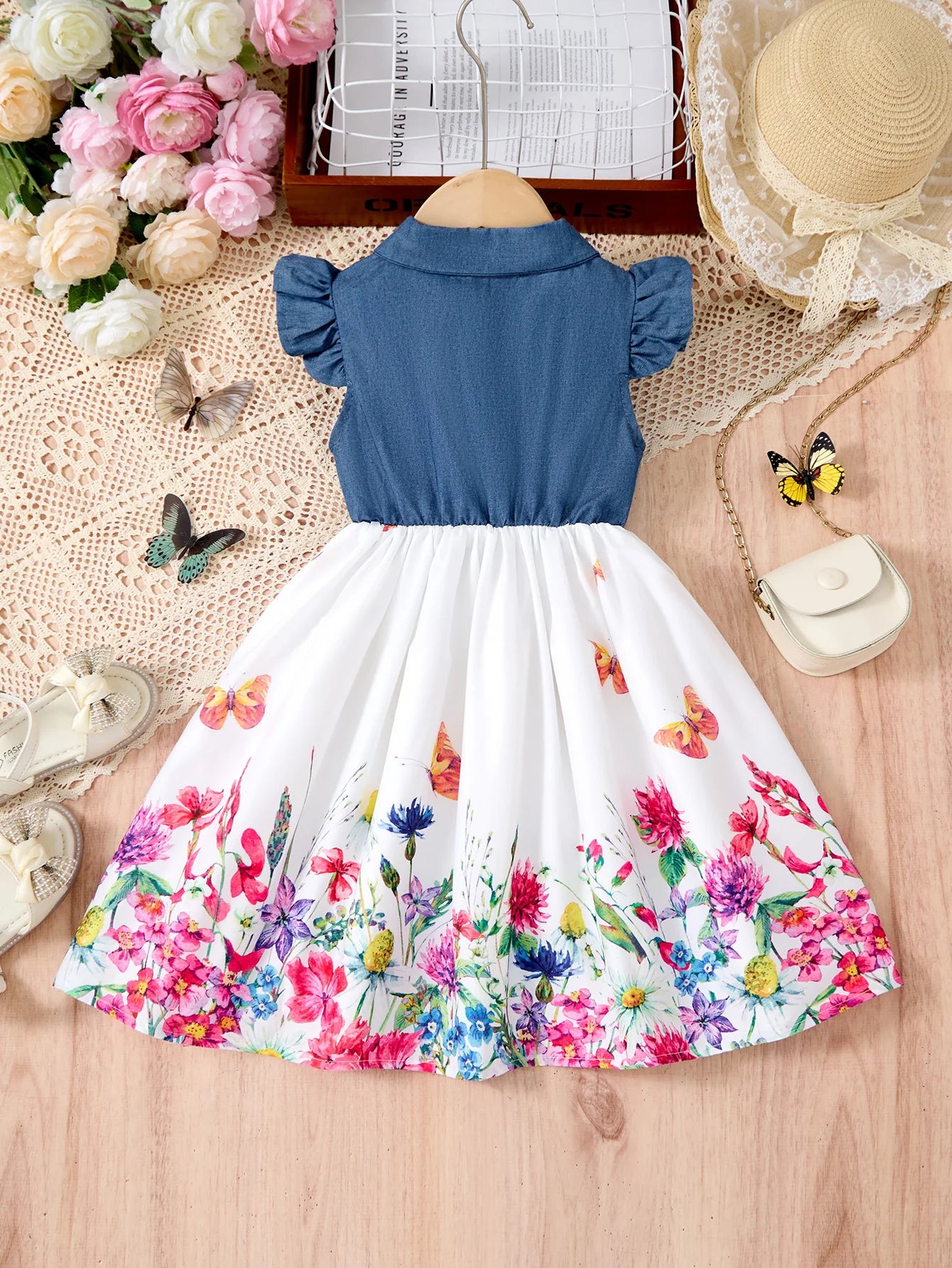 Girls Casual Dresses Denim Print Button Bow Ruffled sleeves Floral Tulle Cute Princess Formal Dresses Children Casual Dresses