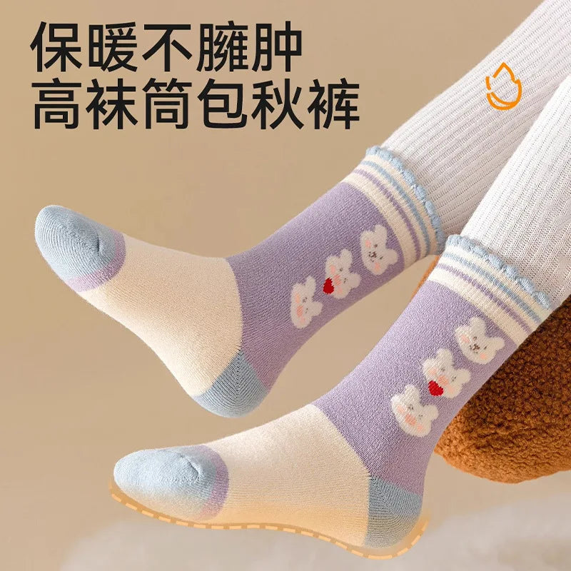 5 pairs of thick socks for girls in winter, medium to large-sized long tube looped socks with fleece added