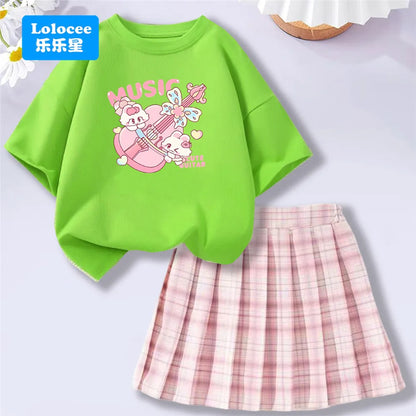 Girls' Trendy School Outfit - Cartoon Music Guitar Rabbit Print Tee + Plaid Skirt Two-Piece Set Teenage Girls Clothes Set