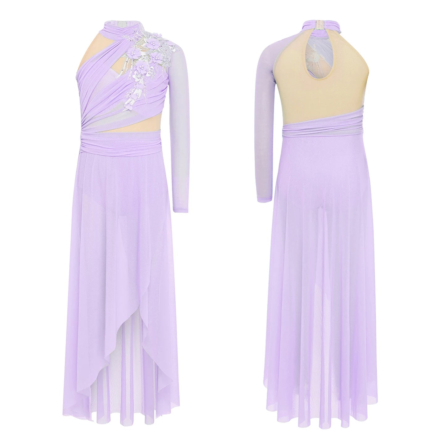 Kids Girls Modern Lyrical Dance Dresses Delicate Applique Keyhole Back Side Split Irregular Hem Asymmetrical Ruched Mesh Dress