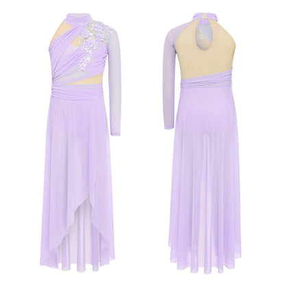 Kids Girls Modern Lyrical Dance Dresses Delicate Applique Keyhole Back Side Split Irregular Hem Asymmetrical Ruched Mesh Dress