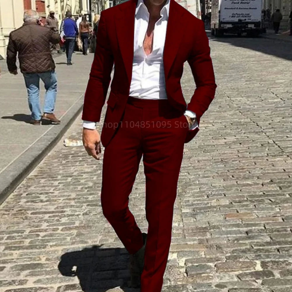 Classic Suits for Men Notch Lapel 2 Pieces Business Blazer and Pants Set Elegant Slim Fit Men's Suit for Wedding Prom Groomsmen