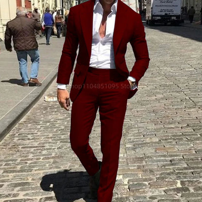 Classic Suits for Men Notch Lapel 2 Pieces Business Blazer and Pants Set Elegant Slim Fit Men's Suit for Wedding Prom Groomsmen