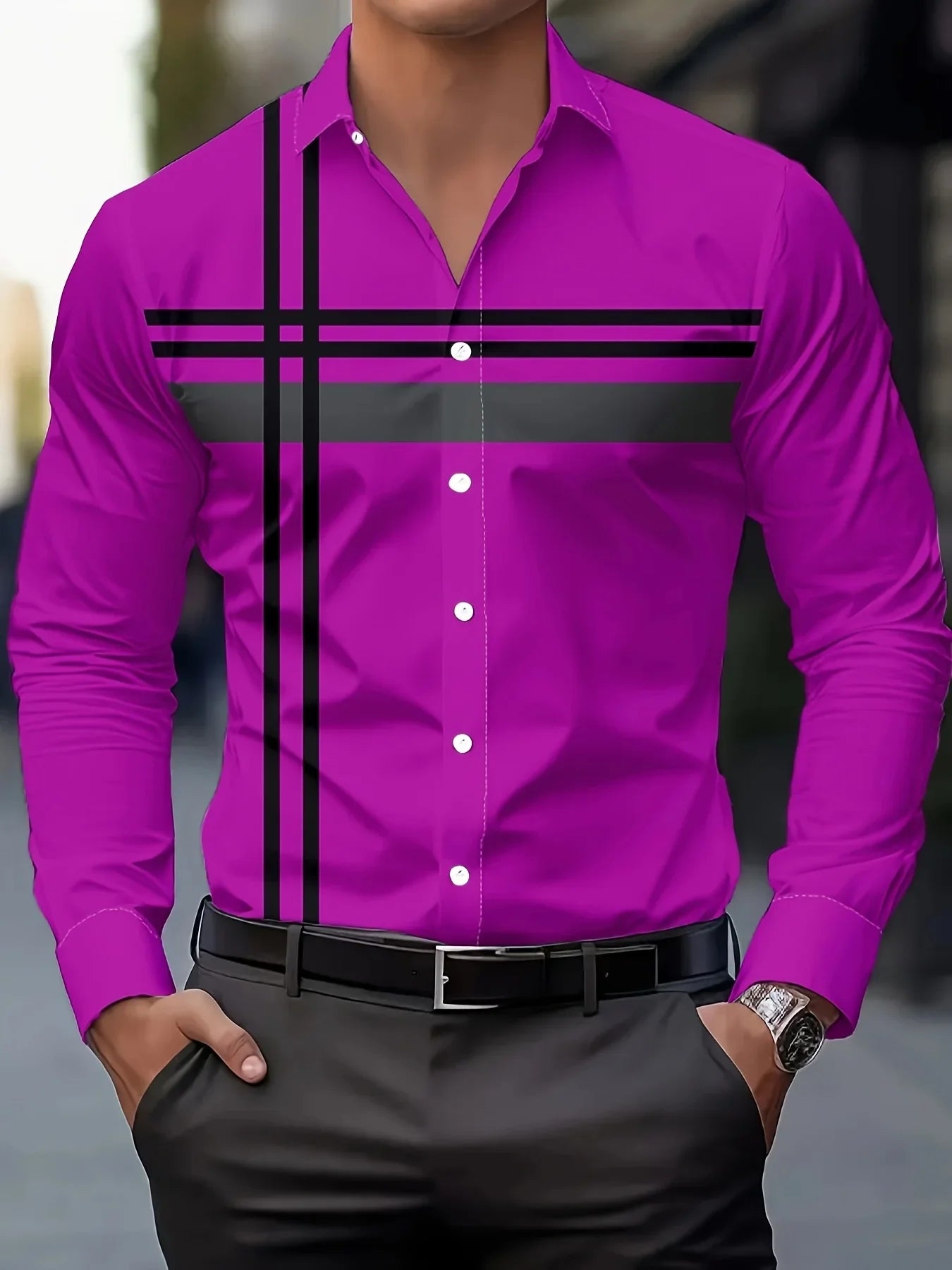 Men's Casual Dress Shirt with Modern Striped Design Regular Fit Long Sleeve Button-Up, Machine Washable for Spring Fall Office