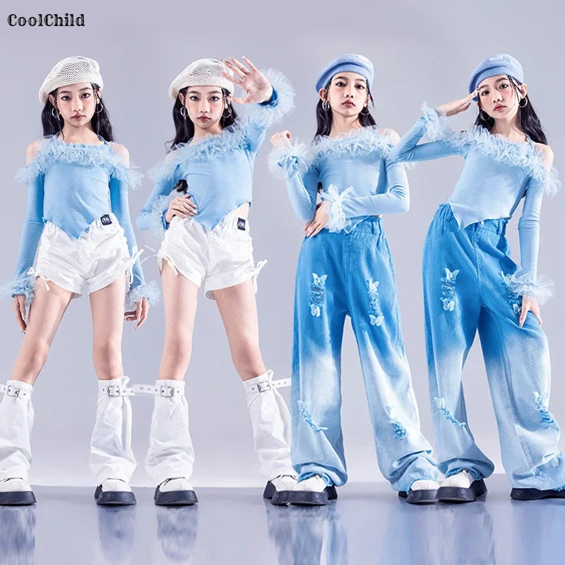 Girls K-pop Elegant Crop Top Cargo Pants Children Hip Hop Jazz Dance Shorts Kids Sweet Streetwear Costume Princess Clothes Sets