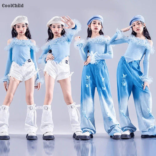 Girls K-pop Elegant Crop Top Cargo Pants Children Hip Hop Jazz Dance Shorts Kids Sweet Streetwear Costume Princess Clothes Sets
