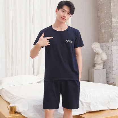 Men Pajama Set Cotton Short Sleeve Shorts Casual Striped Nightwear Loungewear Two-Piece Set Plus Size Summer Man Sleepwear
