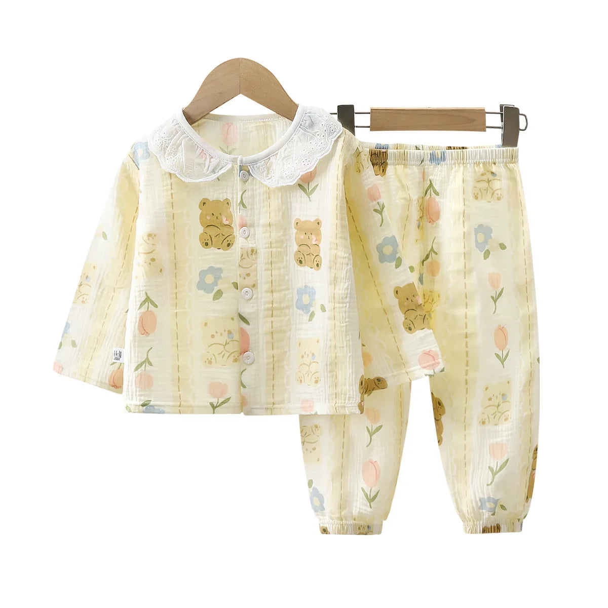 2Pcs Girls Summer Cotton Gauze Thin Pajamas Home Wear Cartoon Floral Print Long Sleeve Lace Trimmed Sleepwear Baby  Clothing Set