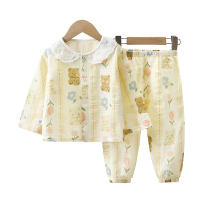 2Pcs Girls Summer Cotton Gauze Thin Pajamas Home Wear Cartoon Floral Print Long Sleeve Lace Trimmed Sleepwear Baby  Clothing Set