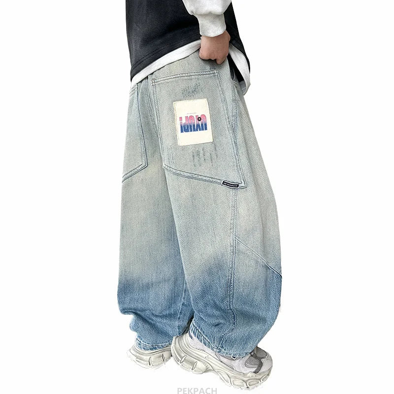 Cool Boy High Fashion Street Baggy Jeans Kids Retro Blue Wide Leg Denim Pants Loose Style Child Luxury Gradient Jeans Trousers