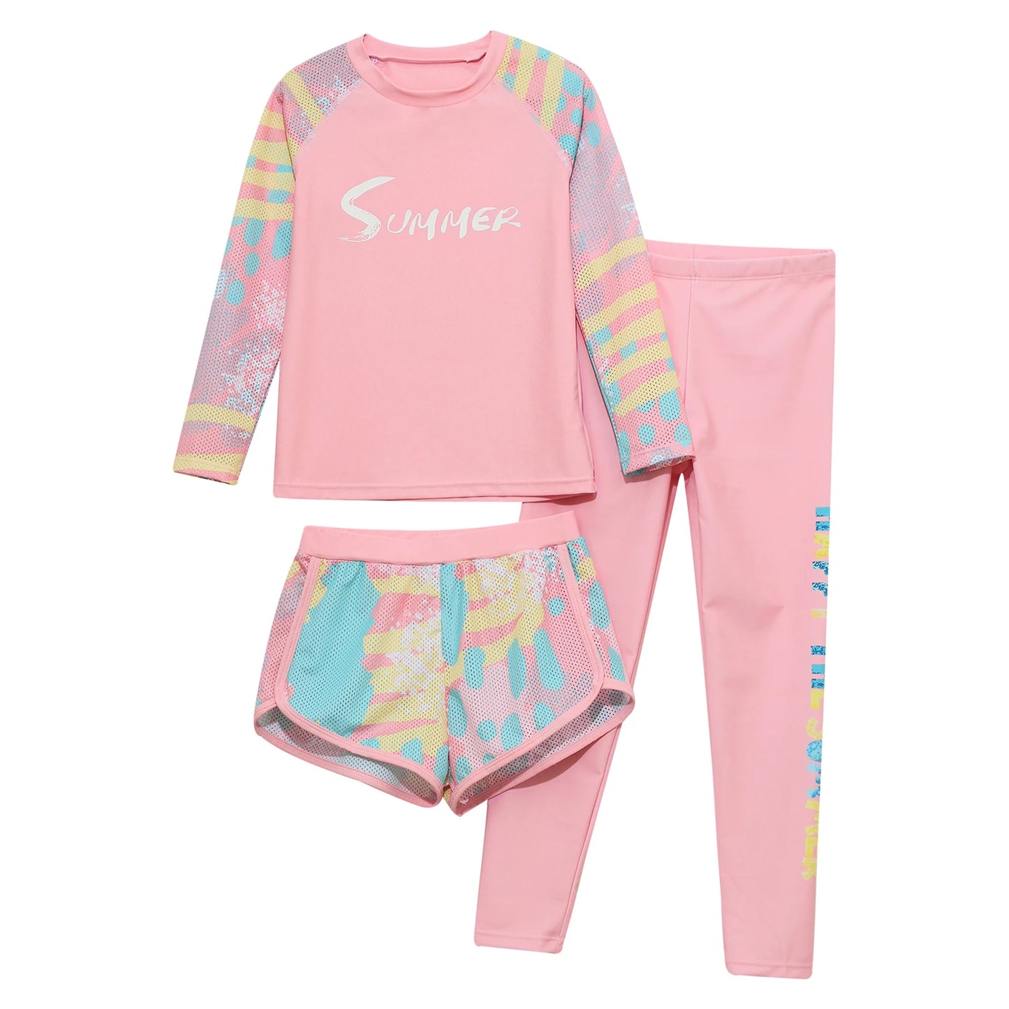 Girls 3-Piece UV Swimsuit Sun Protective Long Sleeve Rash Guard Swimwear Quickly Dry Swimming Shirt Top+Shorts+Pants Outfits