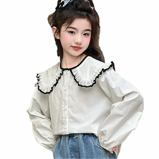 New Fashion Kids Long Sleeve Blouse With Big Collar For School Girls Trendy Outfit Tops Teens Child White Shirt Clothes Costume